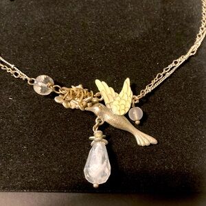 Y2K Peace Dove silver tone Necklace with quartz crystal drop